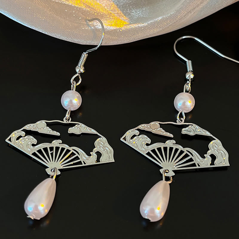 Wear FengShui Copper Fan Auspicious Clouds Pearl Healing Drop Earrings