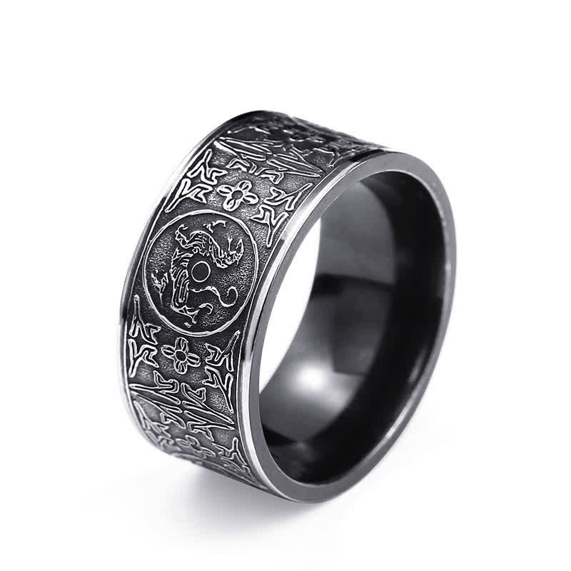 Wear FengShui Four Guardian Beast Dragon White Tiger Suzaku Basalt Carved Success Luck Ring
