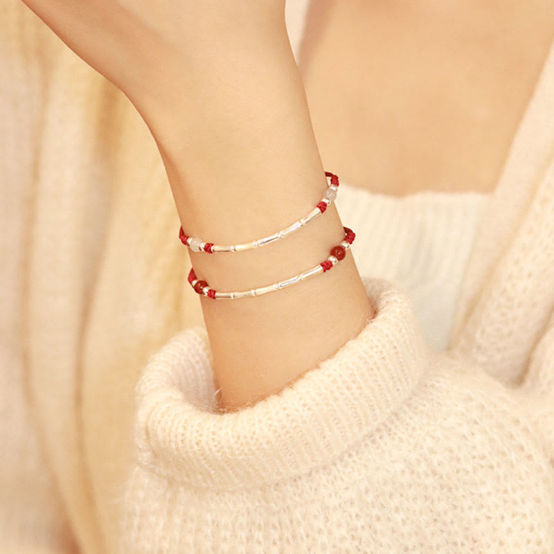 Wear FengShui 925 Sterling Silver Bamboo White Agate Red Agate Bead Protection String Braided Bracelet