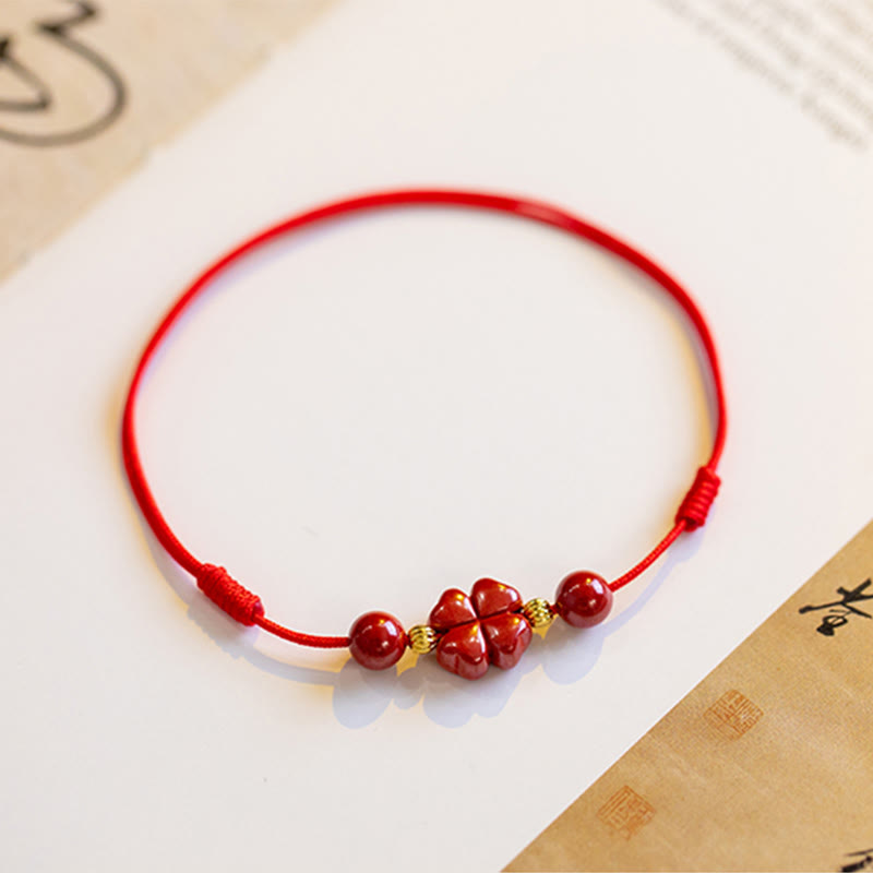 Wear FengShui Four Leaf Clover Cinnabar Blessing Calm String Bracelet Anklet