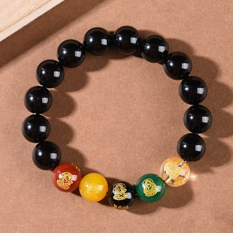 Wear FengShui Gold Sheen Obsidian Rainbow Obsidian Black Obsidian Five Directions Gods of Wealth Bracelet