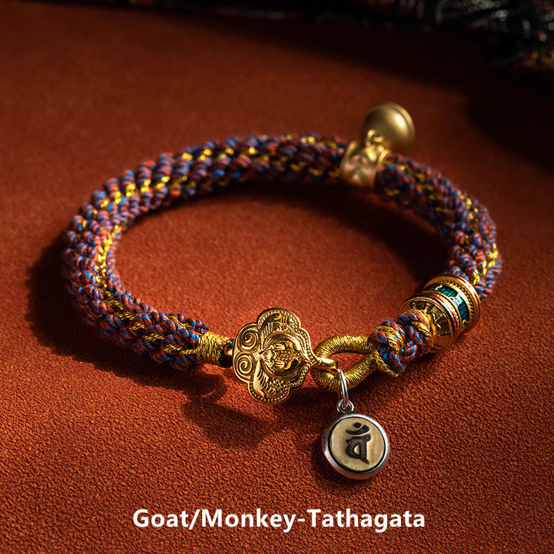 Wear FengShui 925 Sterling Silver Chinese Zodiac Natal Buddha Om Mani Padme Hum Luck Bell Braided String Bracelet