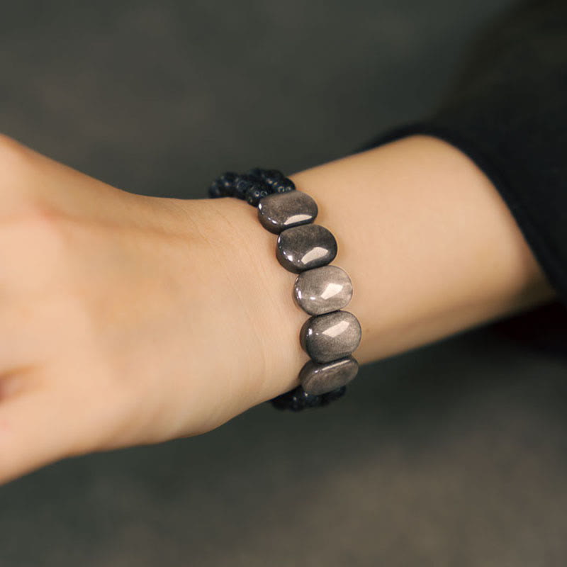Wear FengShui Natural Silver Sheen Obsidian Lava Rock Communication Bracelet