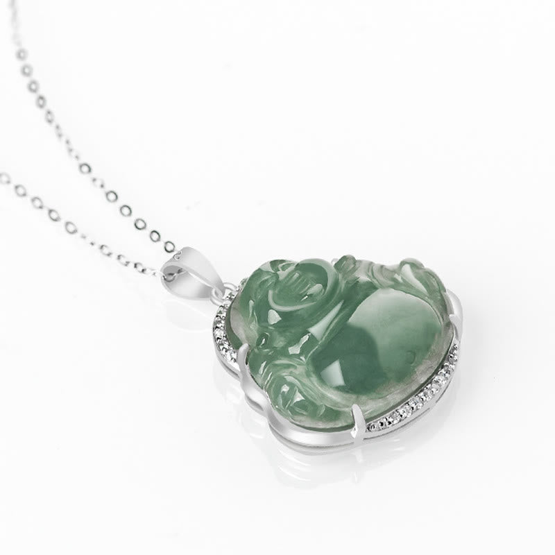 Wear FengShui Laughing Buddha Natural Jade Luck Prosperity Necklace Titanium Steel Chain Pendant