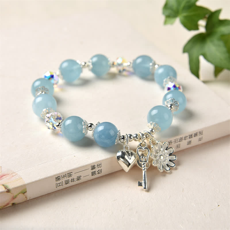 Wear FengShui 925 Sterling Silver Natural Aquamarine Serenity Flower Love Key Charm Bracelet