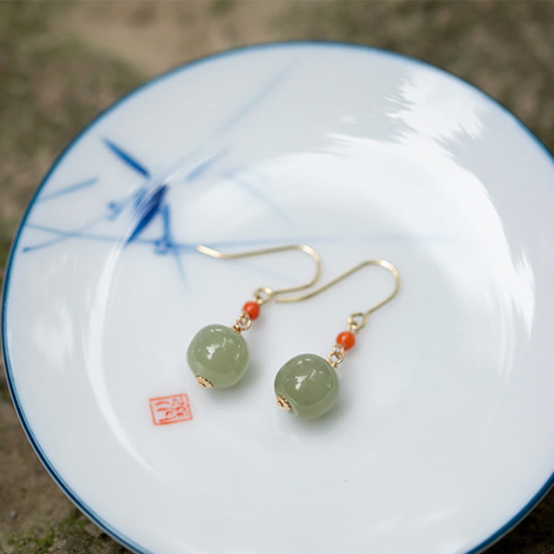 Wear FengShui 925 Sterling Silver Plated 14k Gold Hetian Jade Red Agate Luck Drop Dangle Earrings