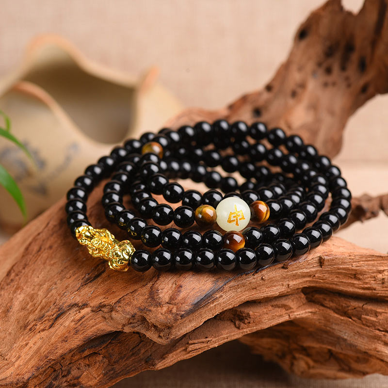 Wear FengShui Chinese Zodiac Obsidian PiXiu Protection Mala Bracelet