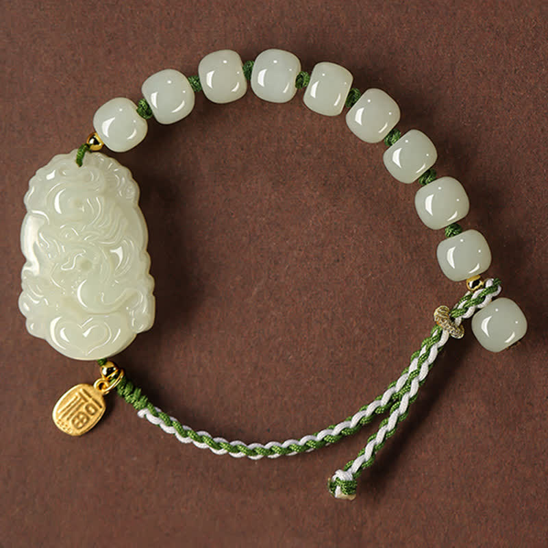 Wear FengShui 925 Sterling Silver Chinese Zodiac Hetian Jade Happiness Luck String Bracelet
