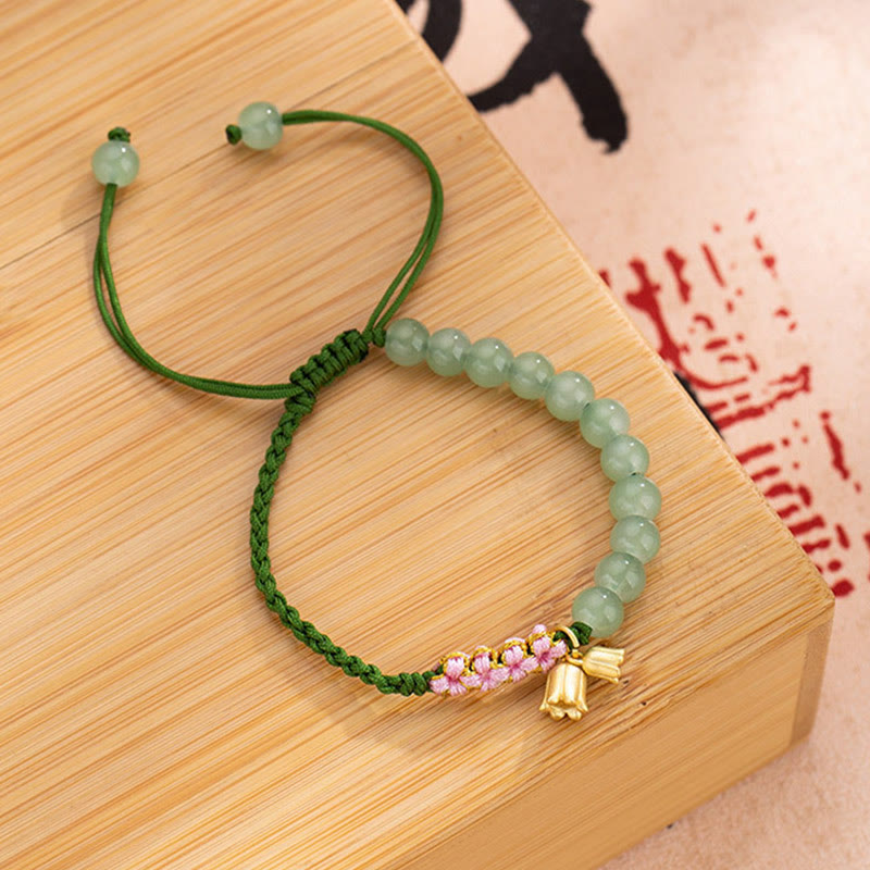Wear FengShui Handmade Jade Bead Lily of the Valley Charm Luck Braided Bracelet