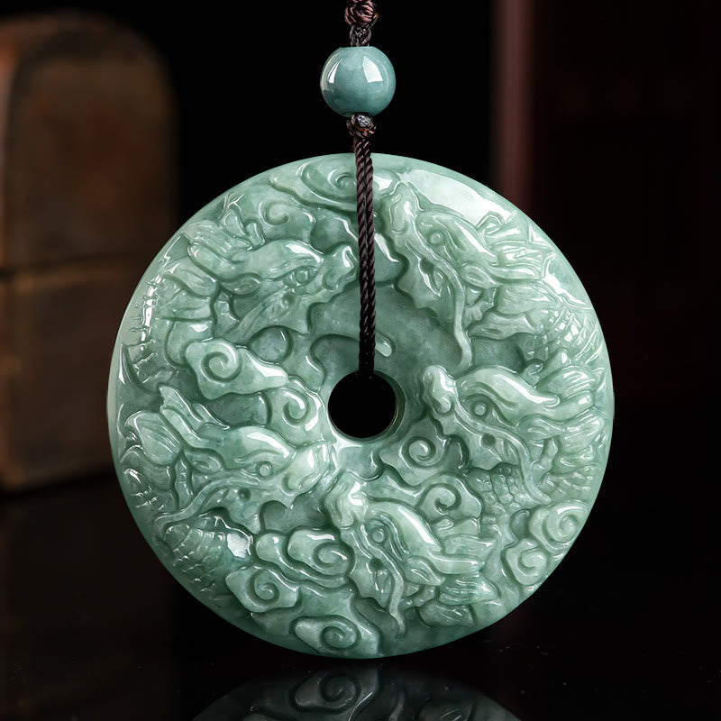 Wear FengShui Year of the Dragon Natural Jade Nine Dragons Peace Buckle Protection Necklace Pendant