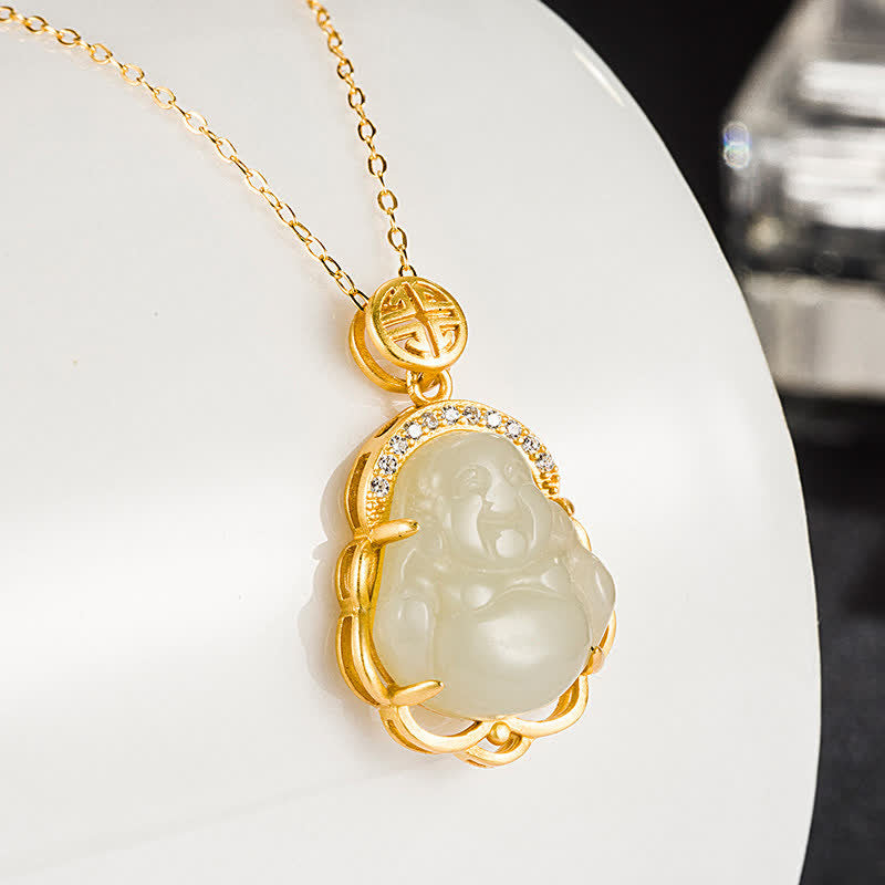 Wear FengShui 925 Sterling Silver Laughing Buddha Hetian White Jade Protection Necklace Pendant