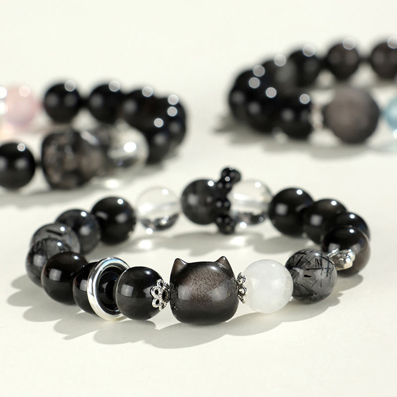 Wear FengShui Natural Silver Sheen Obsidian Cat Head Fox Planet Protection Bracelet