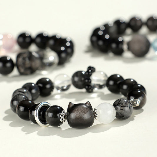 Wear FengShui Natural Silver Sheen Obsidian Cat Head Fox Planet Protection Bracelet
