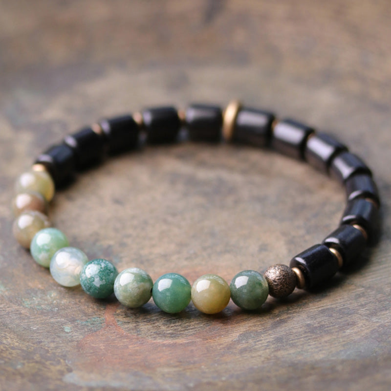 Wear FengShui Ebony Wood Red Jasper Moss Agate Crystal Copper Peace Couple Bracelet