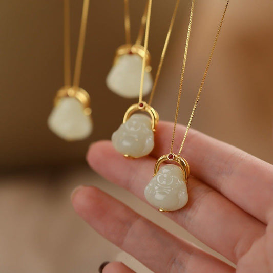 Wear FengShui 925 Sterling Silver Natural Hetian Jade Laughing Buddha Abundance Chain Necklace Pendant