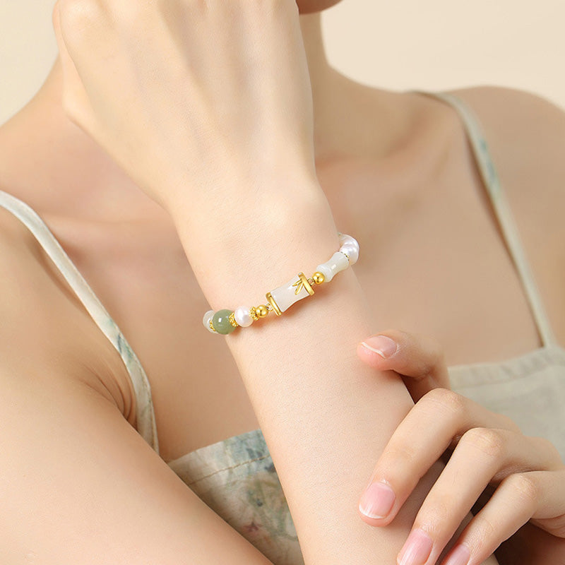 Wear FengShui 925 Sterling Silver Natural Hetian White Jade Bamboo Luck Blessing Bracelet