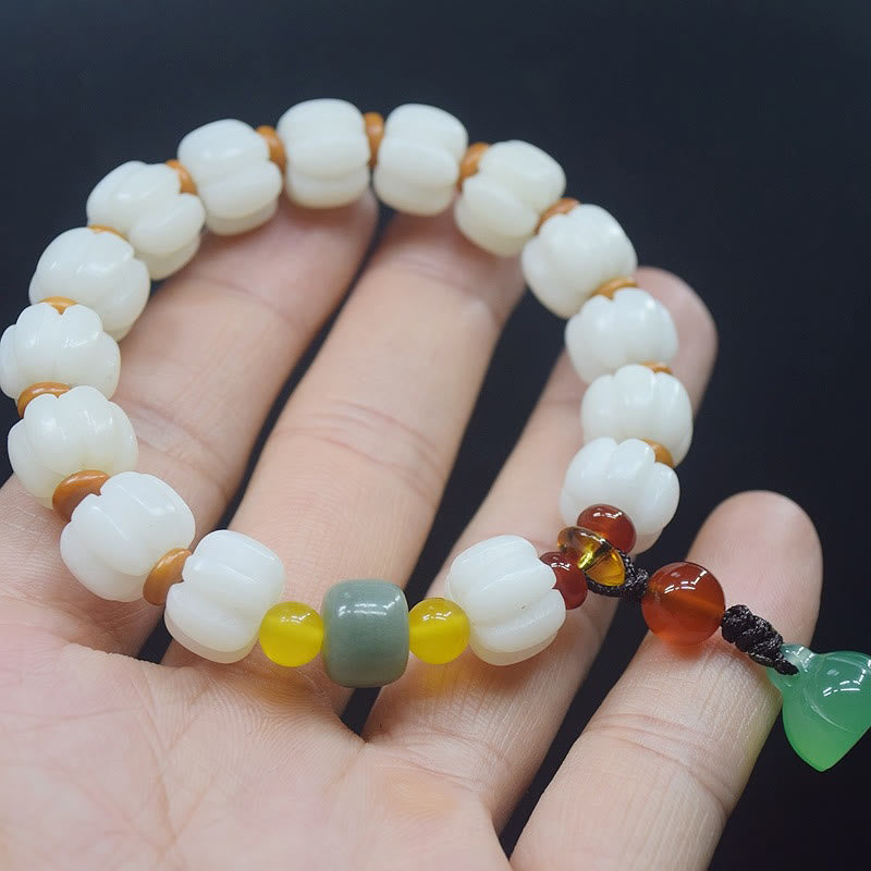 Wear FengShui Natural Bodhi Seed Red Agate Bodhi Calm Harmony Engraved Pumpkin Bead Lotus Bracelet