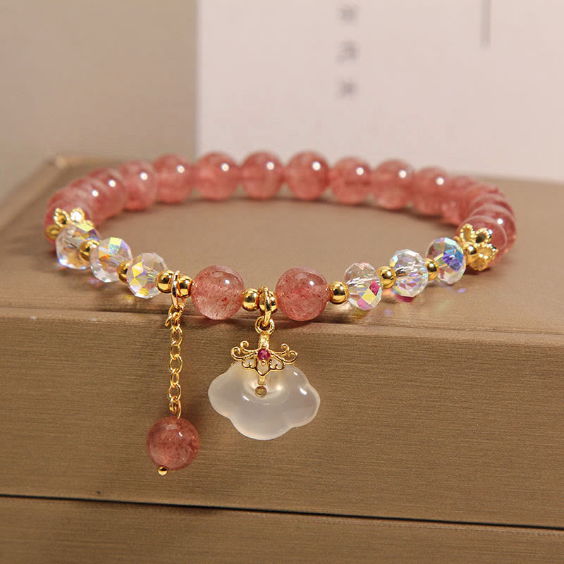 Wear FengShui Natural Strawberry Quartz Crystal White Agate Auspicious Cloud Healing Bracelet