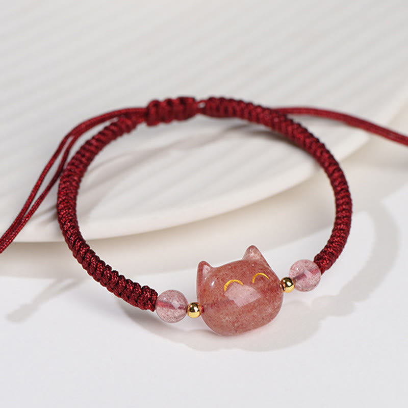 Wear FengShui Handmade Natural Silver Sheen Obsidian Strawberry Quartz Cute Cat Protection Braided Bracelet