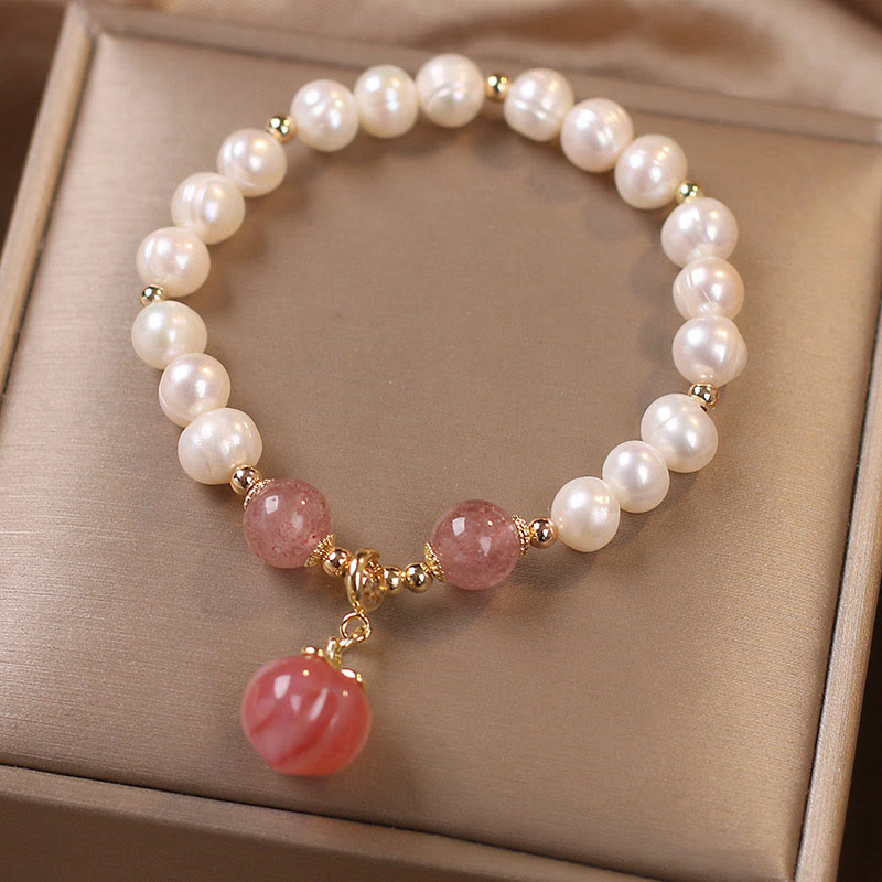 Wear FengShui Natural Pearl Strawberry Quartz Peach Love Heart Wisdom Charm Bracelet
