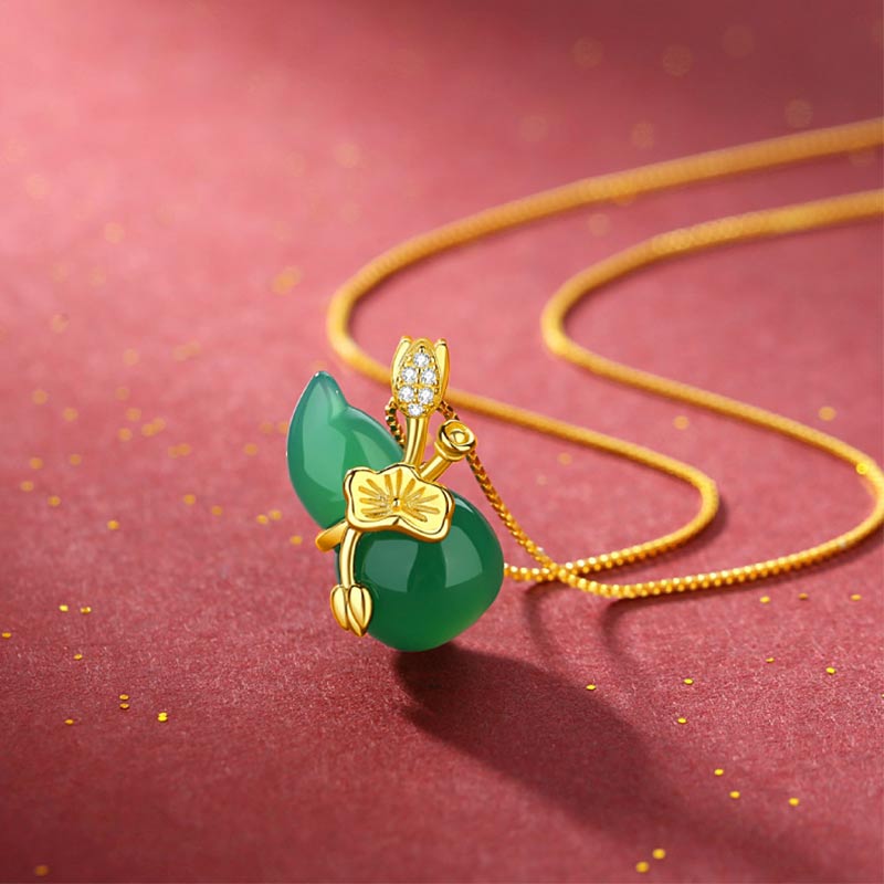 Wear FengShui Cyan Jade Gourd Lotus Leaf Abundance Pendant Necklace