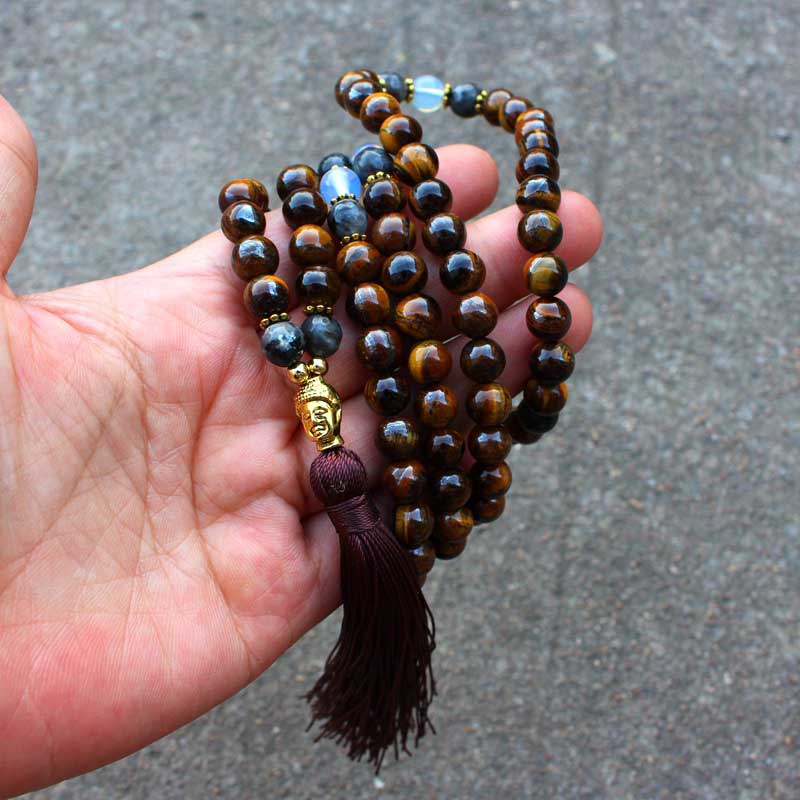 Wear FengShui Tibetan Tiger Eye Buddha Strength Power Beaded Tassel Pendant Necklace