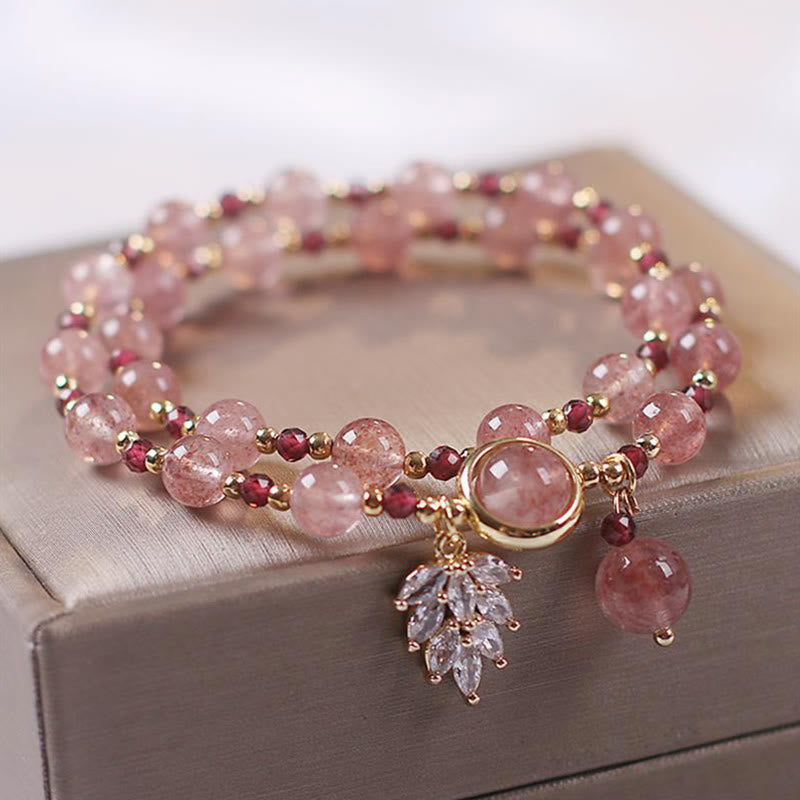 Wear FengShui Natural Strawberry Quartz Love Healing Maple Leaf Charm Double Wrap Bracelet