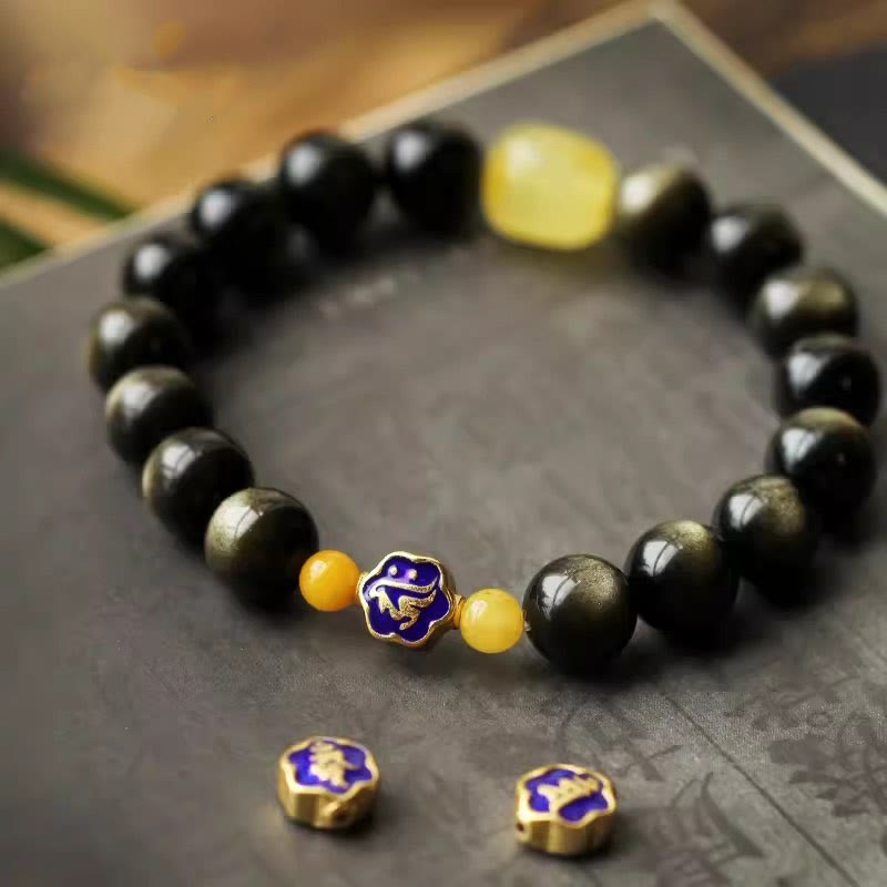 Wear FengShui 925 Sterling Silver Chinese Zodiac Natal Buddha Natural Gold Sheen Obsidian Amber Wealth Protection Bracelet