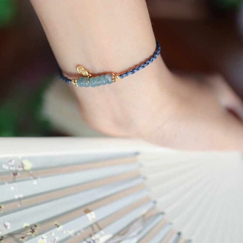 Wear FengShui 925 Sterling Silver Natural Jade Gourd Rutilated Quartz Fu Character Luck Braid Bracelet
