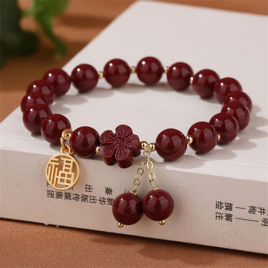 Wear FengShui Cinnabar Fu Character Cherry Blossom Blessing Bracelet