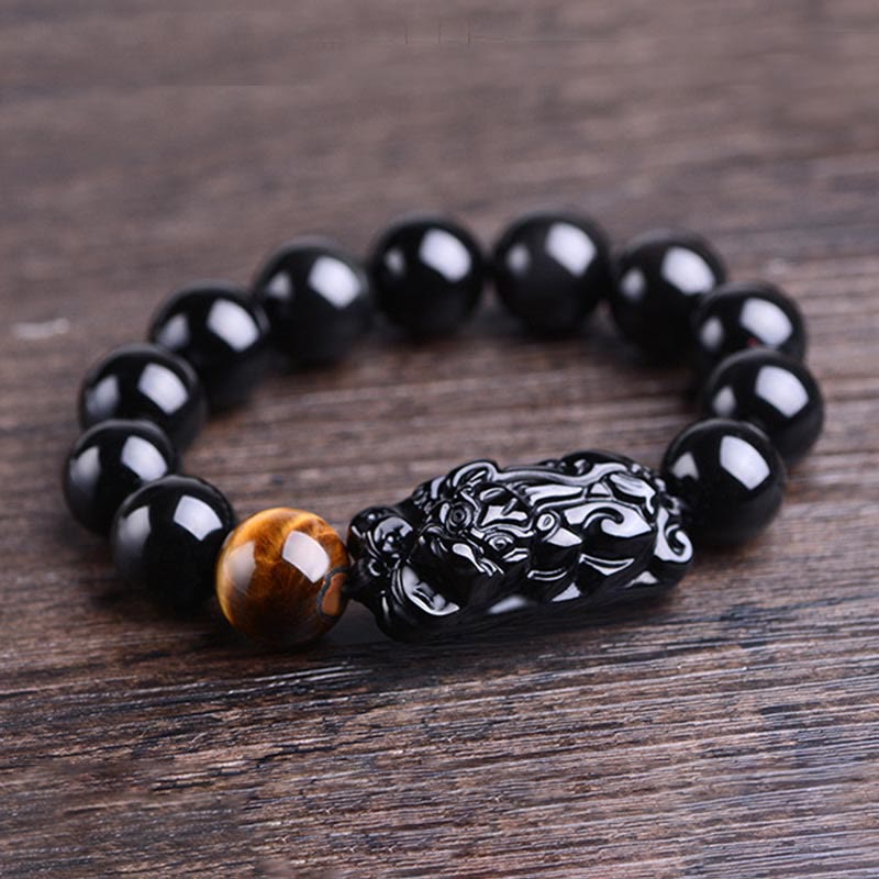 Wear FengShui Natural Black Obsidian PiXiu Tiger's Eye Strength Bracelet