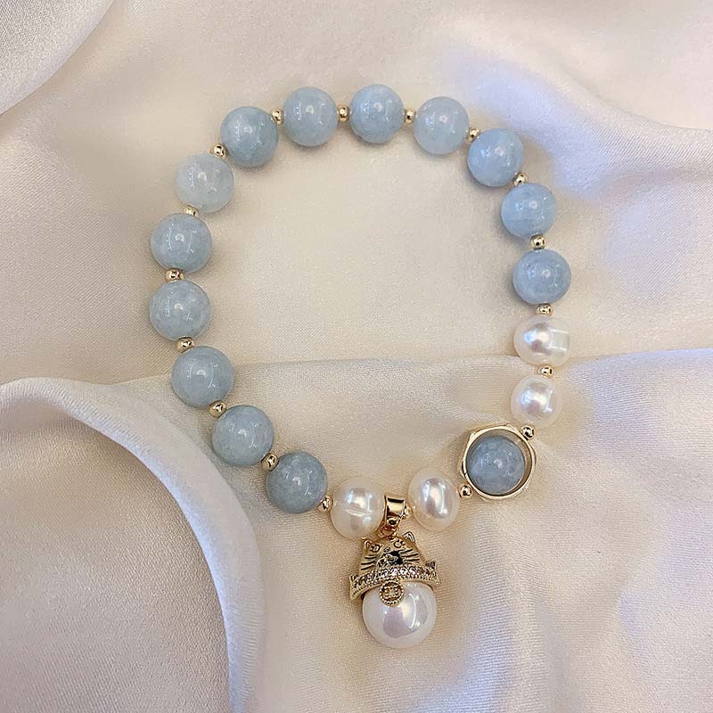 Wear FengShui Aquamarine Pearl Peace Healing Lucky Cat Charm Bracelet