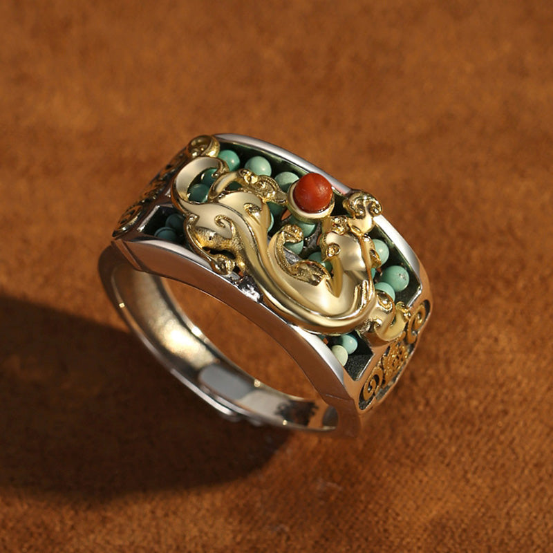 Wear FengShui 925 Sterling Silver Turquoise Red Agate PiXiu Abacus Protection Ring