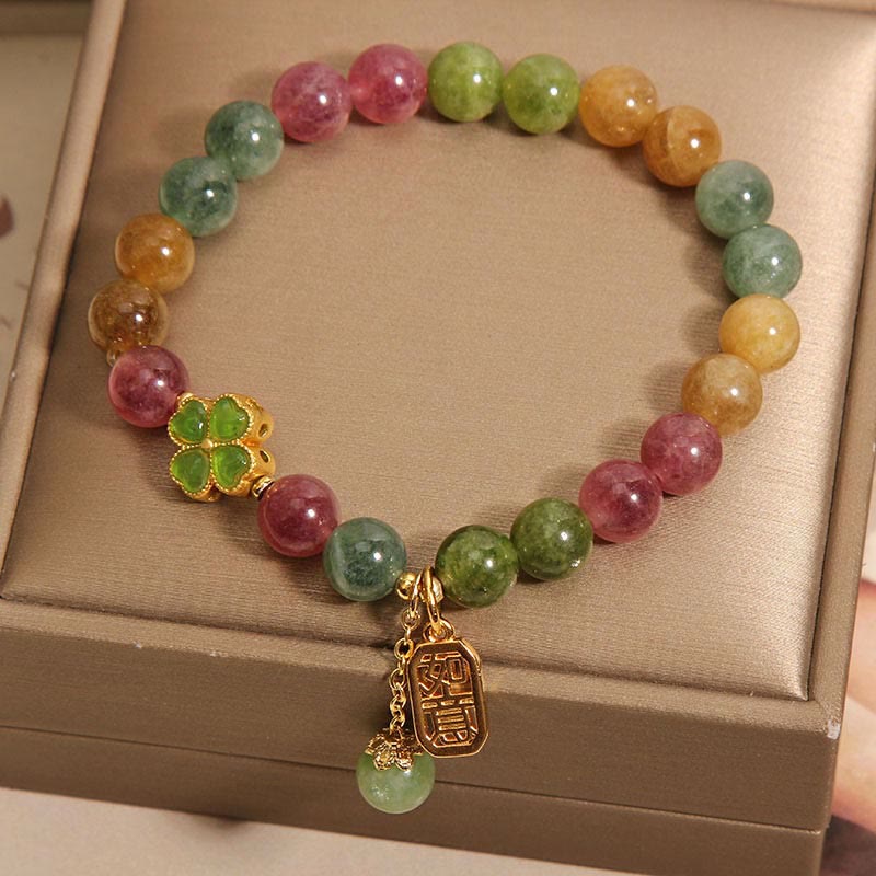 Wear FengShui Tourmaline Jade Colorful Four-leaf Clover Positive Bracelet