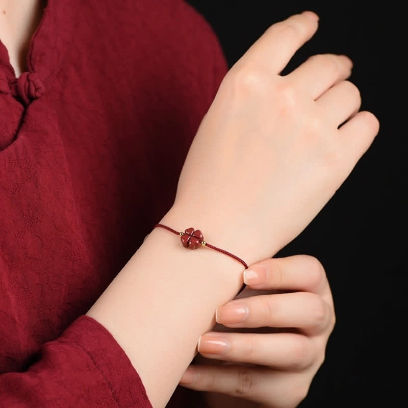 Wear FengShui Natural Cinnabar Four Leaf Clover Blessing Red String Bracelet Anklet