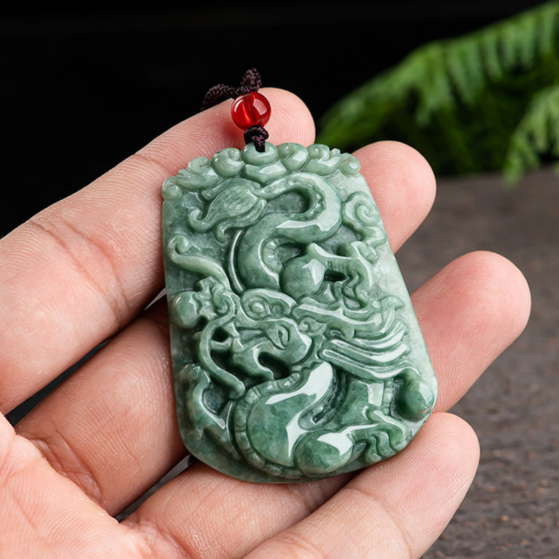 Wear FengShui Chinese Zodiac Dragon Jade Strength Necklace String Pendant
