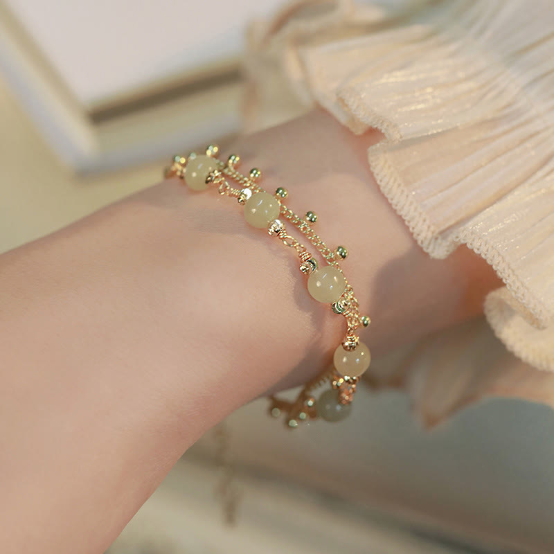 Wear FengShui 14K Gold Plated 2 Layers Hetian Jade Bead Luck Prosperity Bracelet