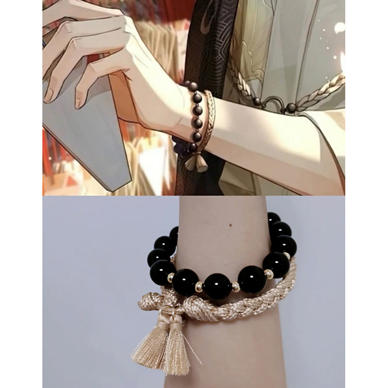 Wear FengShui 2Pcs Black Onyx Bead Support Protection String Bracelet