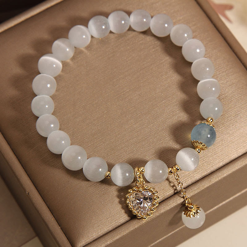 Wear FengShui Cat's Eye Crystal Heart Zircon Charm Peace Love Bracelet