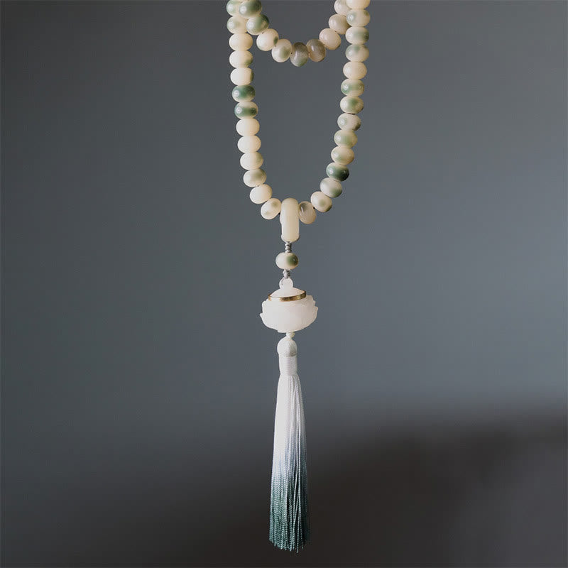 Wear FengShui Natural 108 Mala Beads Bodhi Seed Lotus Engraved Wisdom Tassel Bracelet