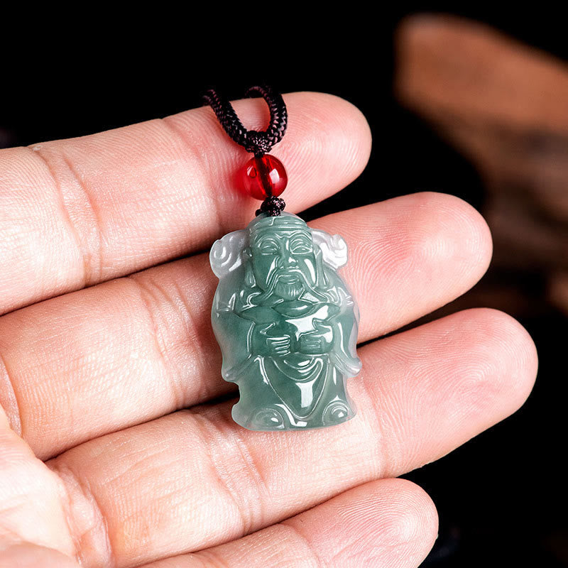 Wear FengShui Natural Green Jade Chinese God of Wealth Caishen Ingot Abundance Necklace Pendant