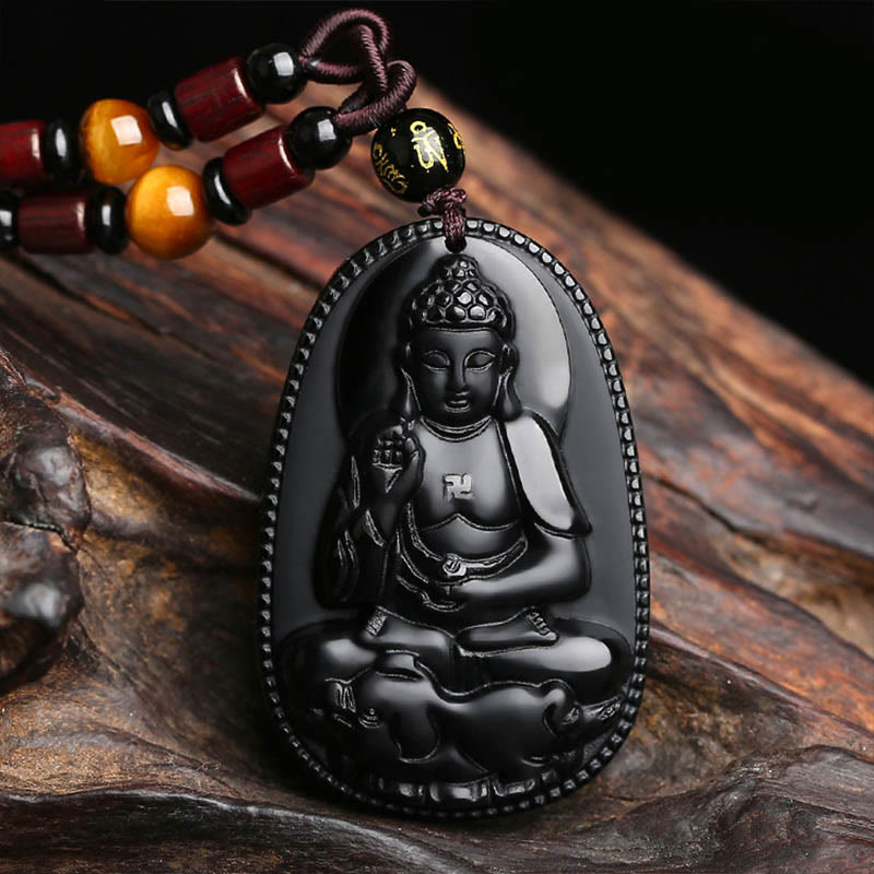 Wear FengShui Chinese Zodiac Natal Buddha Natural Black Obsidian Purification Necklace Pendant
