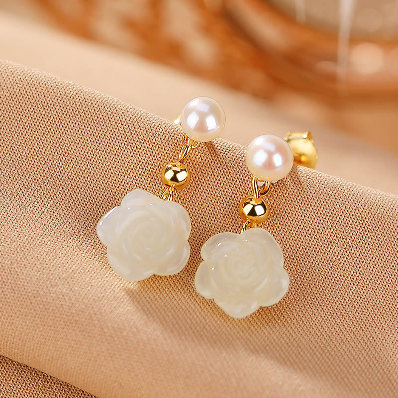 Wear FengShui 925 Sterling Silver Plated Gold Jade Rose Flower Cyan Jade Pearl Luck Earrings