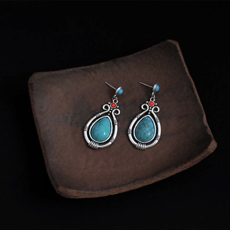 Wear FengShui Tibet Vintage Turquoise Waterdrop Strength Drop Dangle Earrings Clips