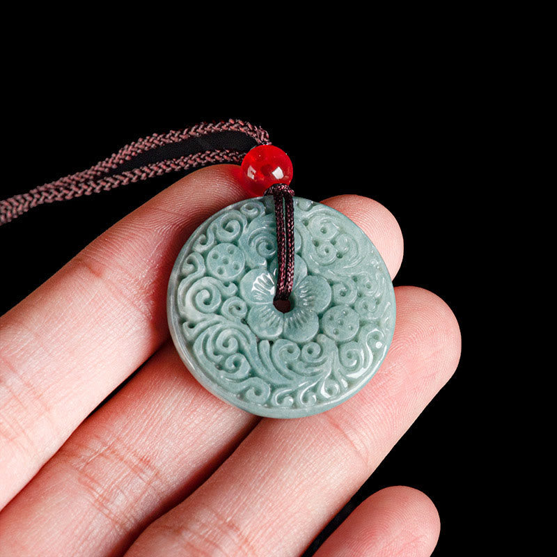 Wear FengShui Green Jade Flower Carved Peace Buckle Abundance Necklace Pendant