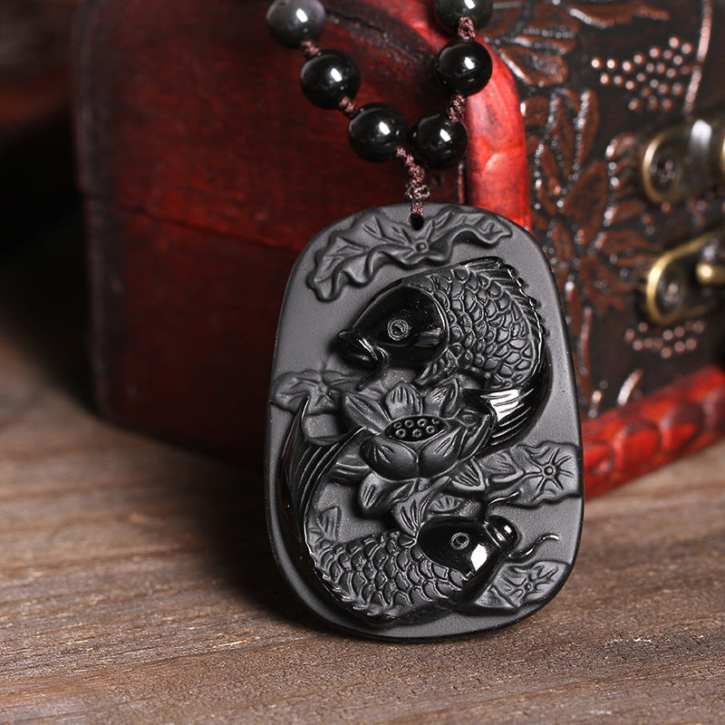 Wear FengShui Natural Black Obsidian Koi Fish Lotus Strength Beaded Necklace Pendant