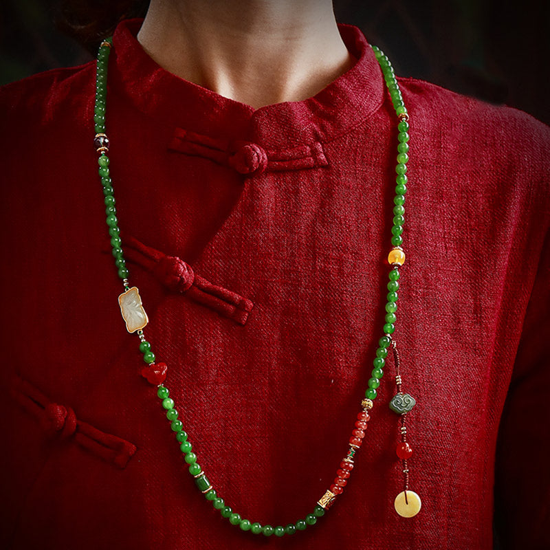 Wear FengShui 108 Mala Beads Cyan Jade Red Agate Laughing Buddha Luck Bracelet