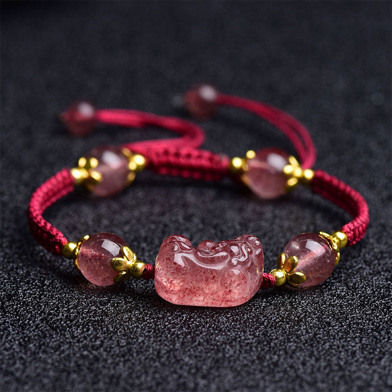 Wear FengShui Natural Strawberry Crystal Pixiu Charm Lucky Red String Bracelet