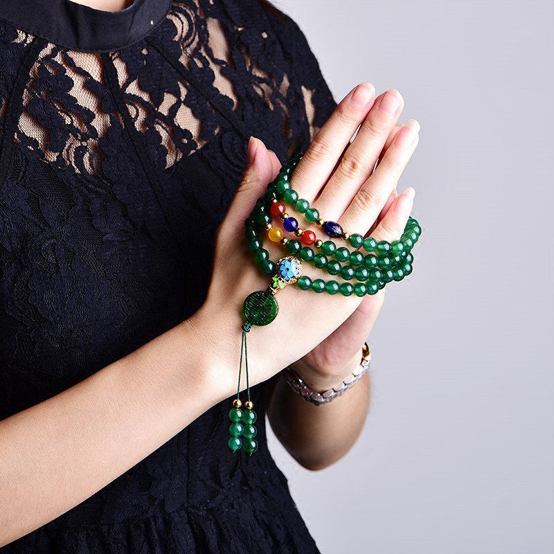 Wear FengShui 108 Mala Beads Natural Green Agate Power Support Bracelet