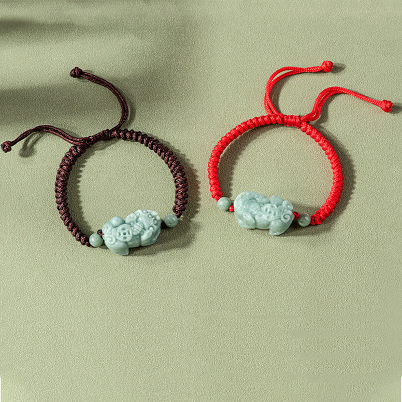 Wear FengShui Handmade Natural Jade PiXiu Protection King Kong Knot Braided String Bracelet